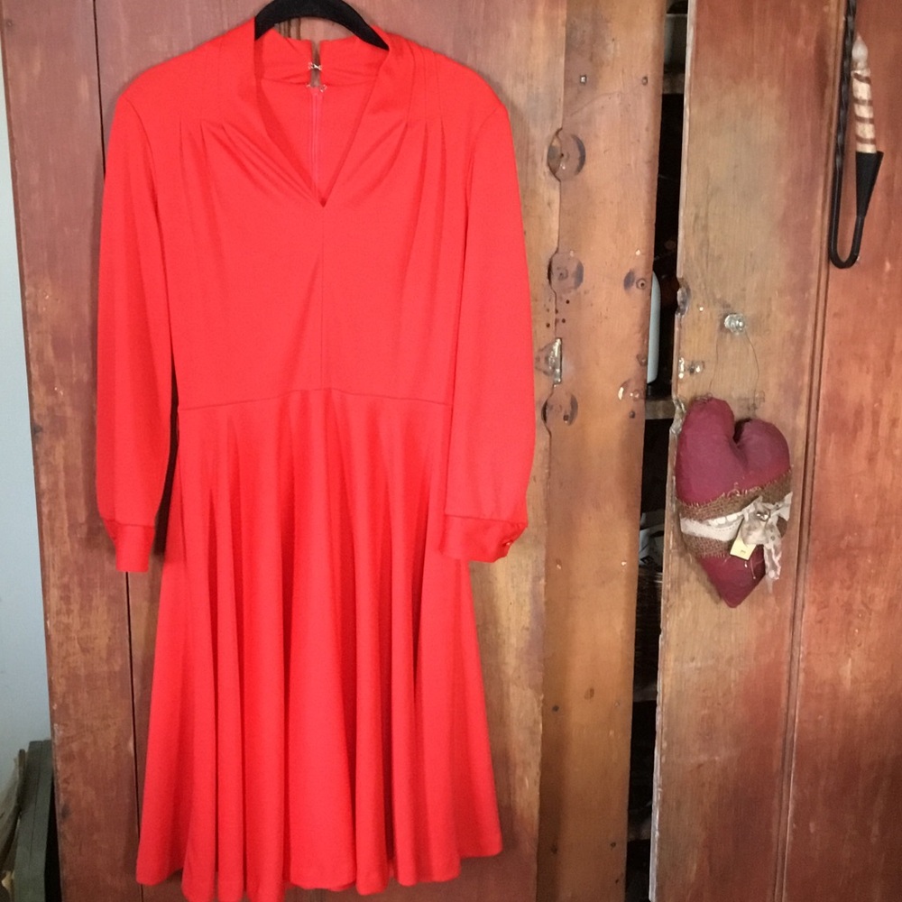 Sears Vintage & Vibrant Red Long-Sleeve Fit-and-Flare Dress - belt is missing